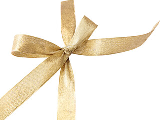 Gold ribbon bow isolated transparent background, PNG., shiny Christmas gift decor
