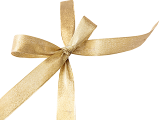 Gold ribbon bow isolated transparent background, PNG., shiny Christmas gift decor

