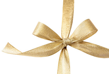 Gold ribbon bow isolated transparent background, PNG., shiny Christmas gift decor
