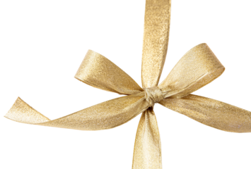 Gold ribbon bow isolated transparent background, PNG., shiny Christmas gift decor
