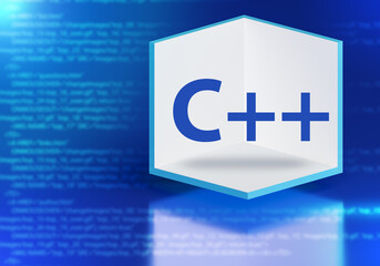 C plus plus. C++ programming language. Learning programming concept. C plus logo on blue. Language for creating software. Program code is blurred. Language for building web applications. 3d image. - obrazy, fototapety, plakaty