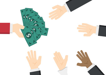 money distribution in many hand isolated on transparency background