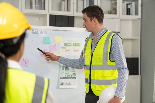 Engineer leader man presentation project and strategy plan to success on whiteboard with businessman corporate in meeting room at construction site office