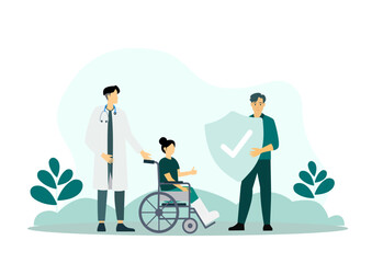 Doctor, medical care and health insurance concept, vector illustration.