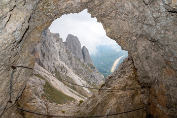 View out of a loophole of the Mount Lagazuoi tunnels, built during the First World War, Dolomite...