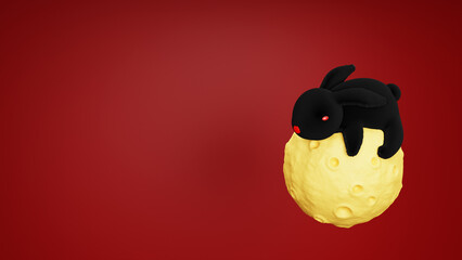 Cute fluffy black rabbit on the moon symbol of the new year 2023 according to the eastern calendar zodiac on a red luxury background 3D rendering