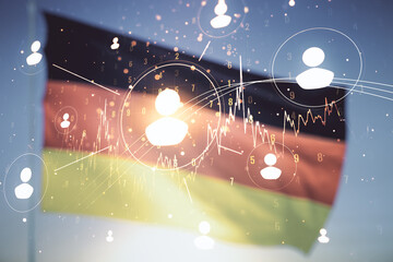 Double exposure of abstract virtual social network icons on German flag and blue sky background. Marketing and promotion concept