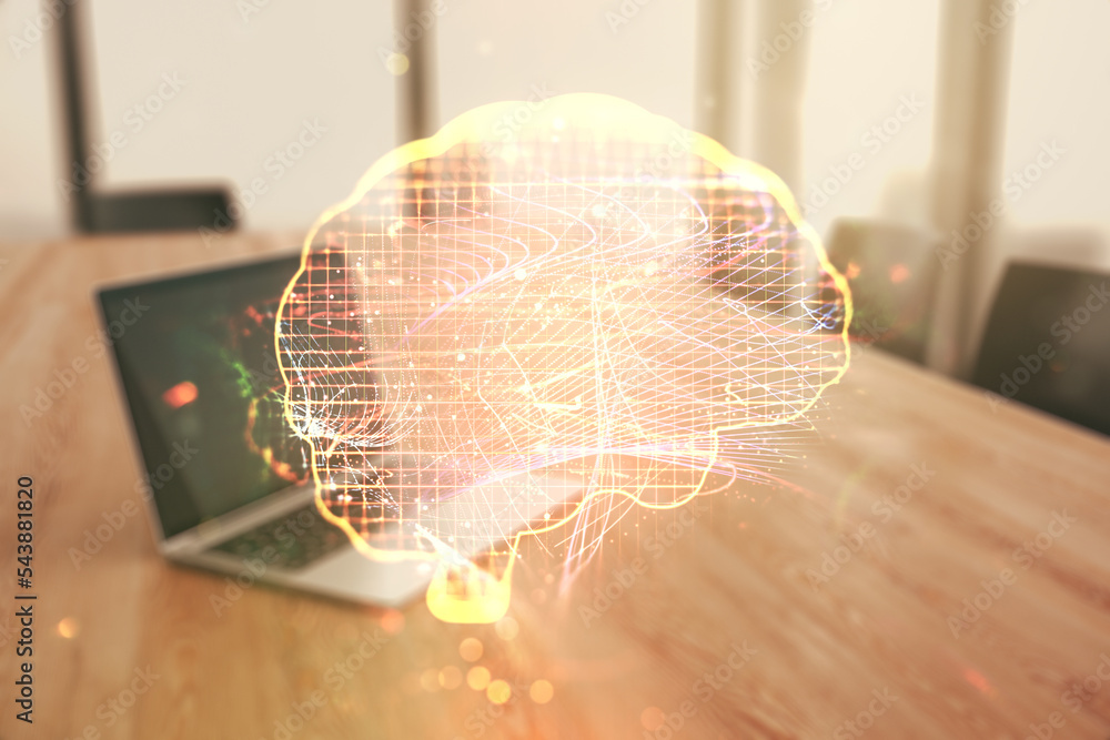 Poster creative artificial intelligence concept with human brain sketch on modern computer background. doub