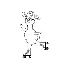 Happy outline llama illustration. llama on skates. 