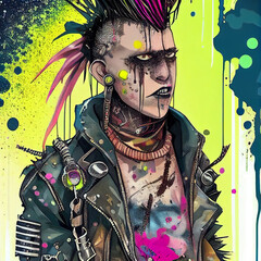 Cyberpunk Punk-Rock Hand drawn Manga and Anime Character in Comisc and Graffity Style, 90s Illustration