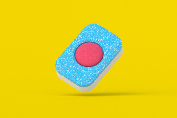 Flying dishwasher detergent tablet on yellow background. 3d render - obrazy, fototapety, plakaty