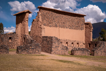 Great wall at Wiracocha Temple in Raqchi, Inca archaeological site in Peru