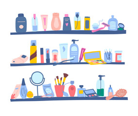 Vector flat style makeup and skincare tubes, bottles, palettes and accessories laying on shelves. Shampoos, eyeshadows, serum bottles, cream jars, brushes and mirror illustration