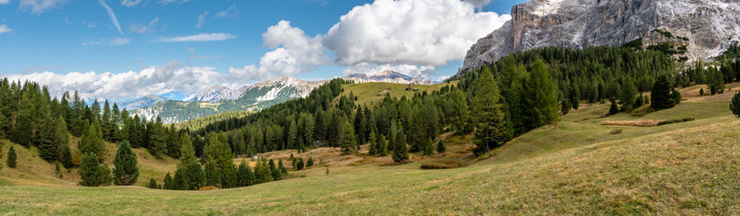 Peaceful alpine meadow in the Fanes Sennes Prags Nature Park in the Dolomite Alps, South Tirol