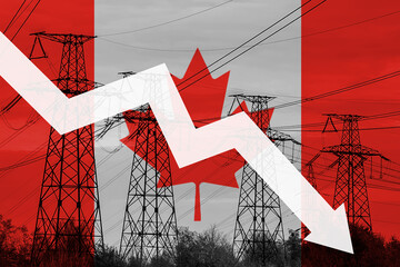 Power line and flag of Canada. Energy crisis. Concept of global energy crisis. Decreased...