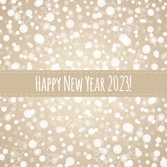 Happy New Year 2023 greeting card. Snow pattern with ribbon. Vector background for decoration, design, banner, celebration, congratulation, winter holiday