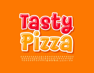 Vector playful emblem Tasty Pizza. Bright Handwritten Font. Funny glossy Alphabet Letters and Numbers