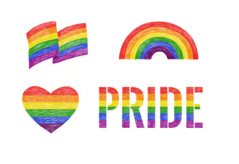 rainbow colors symbols of lgbt in pencil style: flag, rainbow, heart and script "pride"