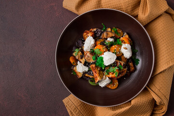 Warm Salad with crispy eggplant and tomatoes, cottage cheese, spices, herbs, sesame seeds, sunflower seeds, Georgian cuisine, no people,