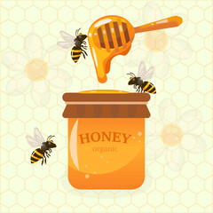 Bee and honey, flat illustration