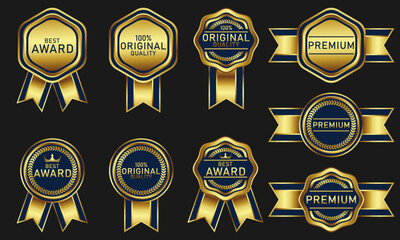collection of illustrations of luxury dark blue and gold badge design elements, medals, labels, seals, badges and ornaments