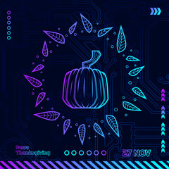 Thanksgiving cyberpunk design with dark background. Abstract technology vector holiday illustration.