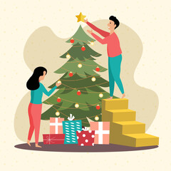 Happy couples decorating the christmas tree. Preparation for winter holidays. Colorful vector illustration in flat cartoon style.