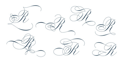 Set of beautiful calligraphic flourishes on capital letter R isolated on white background for decorating text and calligraphy on postcards or greetings cards. Vector illustration.