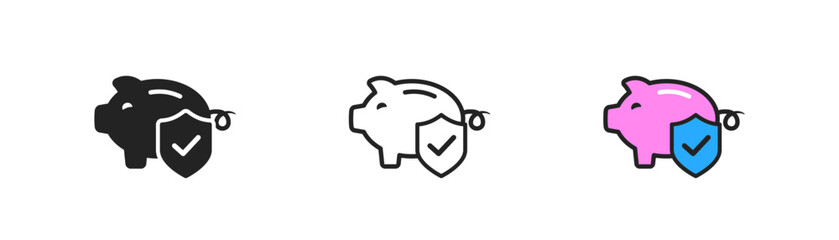 Savings protect icon on white background.Piggy bank behind shield. Insurance of finances. Investment, crisis, inflation symbol. Flat design.