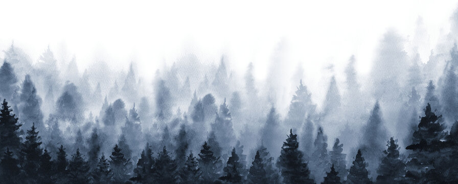 Forest Tree Winter Dark Nature Landscape. Watercolour illustration isolated on white background.