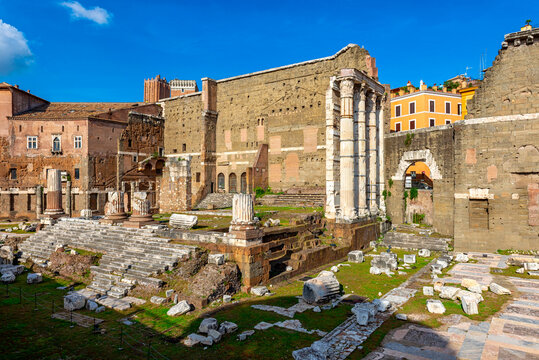 Remains of the Forum of Augustus with the Temple of Mars Ultor in Rome, Italy. Architecture and landmark of Rome. Cityscape of Rome.