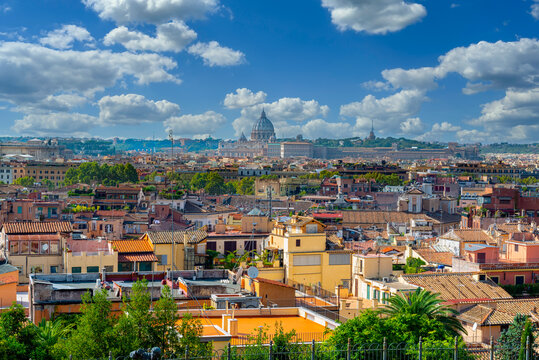 Skyline of Rome with dome and Basilica of Saint Peter, Italy. Architecture and landmark of Rome. Cityscape of Rome.