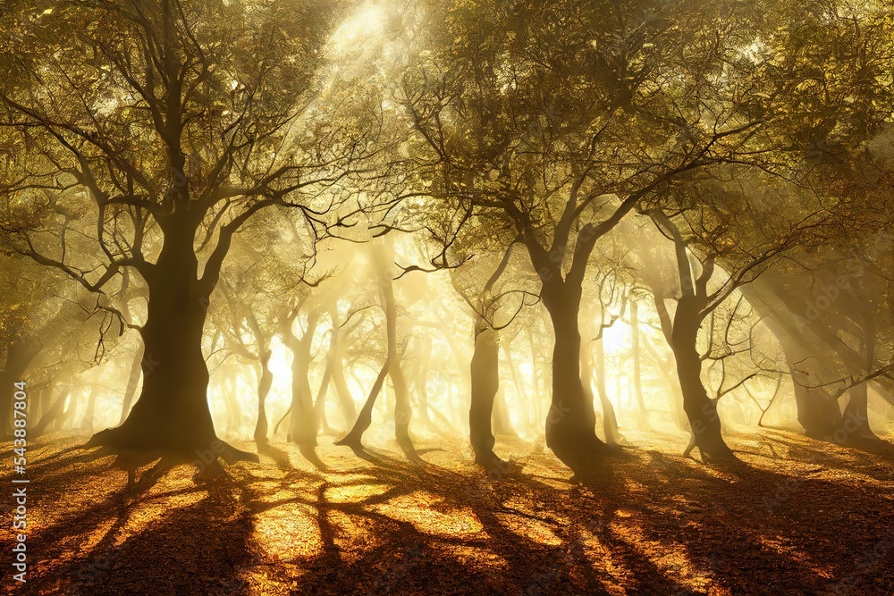 Poster Rays of sunlight streak through the silhouettes of the lush trees. 3D rendering