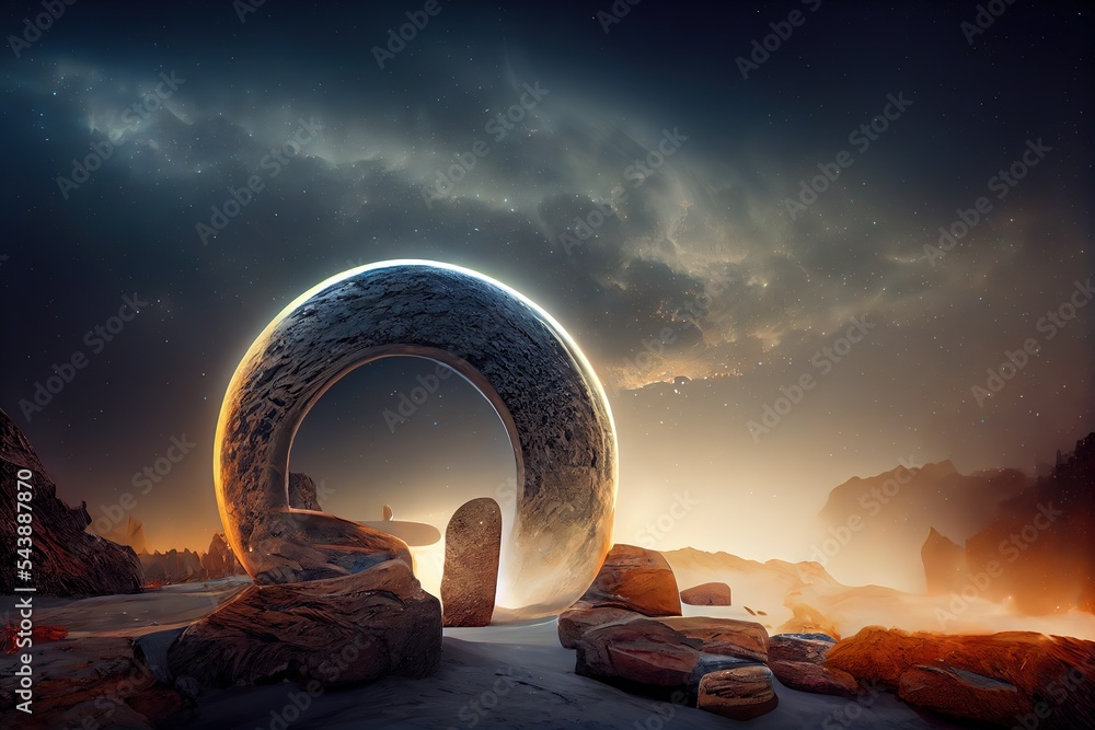 Poster amidst rocks of varying sizes stands an open-air arch. 3d illustration