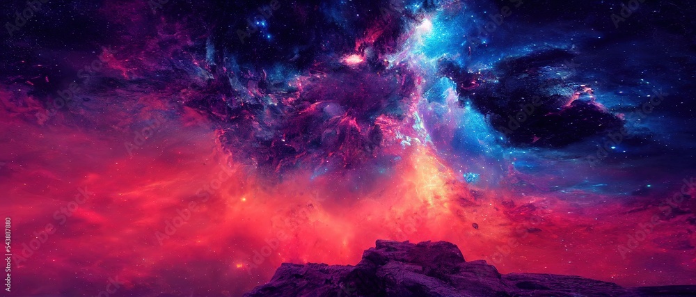 Poster Above the stone ledge, a panoramic view of space opens up. 3D rendering