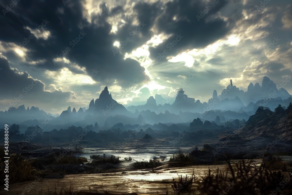 Poster the rays of the morning sun illuminate the peaks of the mountain range and the valley at the base of