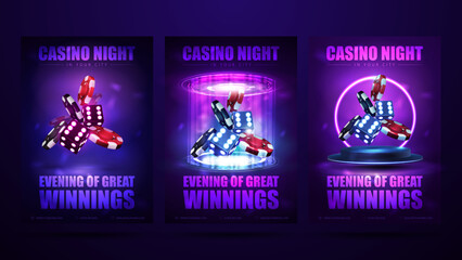 Posters with neon dices and casino chips. Casino night, set of invitation posters with neon casino dices.