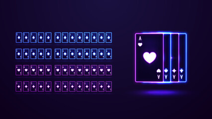 Pink and blue shine neon casino playing cards. Poker 3D neon playing cards, full deck.