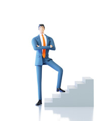 Successful businessman stays by the stairs. 3D rendering illustration
