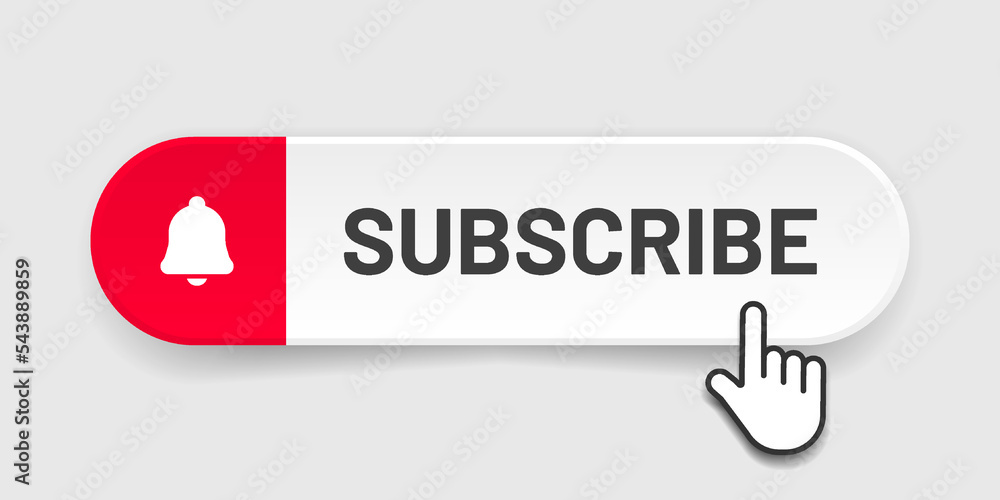 Poster Subscribe button Bell, notification icon button and hand cursor click. Red button subscribe to channel social media, marketing, blog. Vector illustration for website, mobile app, UI UX. EPS 10