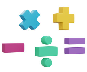 3D render of basic math symbol minus plus multiply and equal cartoon style