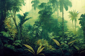 3D behang. Tropisch bos, wilde jungle. Close-up natuur weergave van groen blad en palmen achtergrond. Platliggend, donker natuurconcept, tropisch blad