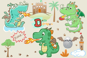 Vector illustration of hand drawn cute dragon cartoon, fairytale elements