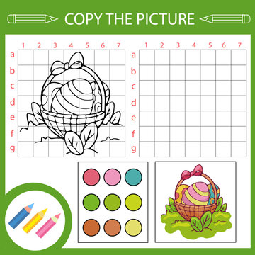 To copy redraw drawing of basket with easter eggs. Kids activity page and draw worksheet. Vector education game. Children art lesson.