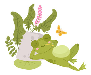 Cartoon amphibia, cute resting frog character. Sleeping green toad in natural habitat, froggy water animal with water lilies and reed flat vector illustration. Tranquil green frog