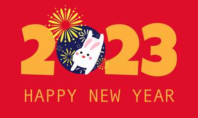 2023 year of the rabbit greeting card, Happy new year banner,cute rabbit and fireworks cartoon illustration