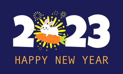 2023 year of the rabbit greeting card, Happy new year banner,cute rabbit and fireworks cartoon illustration
