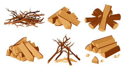 Cartoon wood campfire, wooden logs for camping bonfire. Fire wood, wood industry materials, stacked brushwood and firewood vector illustration set. Wooden fireplace collection