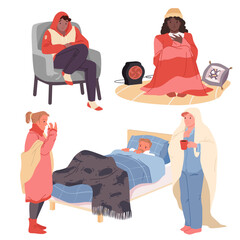 Cartoon isolated male and female characters wearing warm clothes and blanket, drinking hot drink, warmed up with heater. Sad people suffering from low temperature at home set vector illustration
