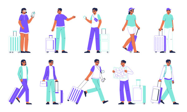 Tourist with luggage, travelling with suitcase and backpack. Walking and waiting travellers with luggage, tourist on vacation vector illustrations set. Travellers characters